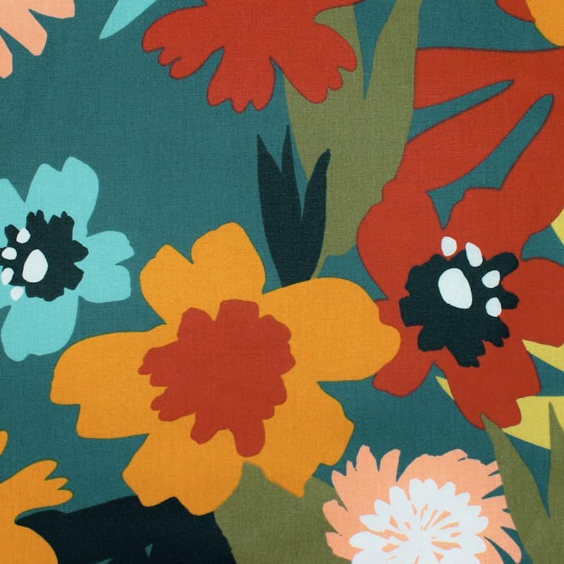 Coated cotton with flowers - teal