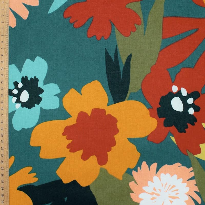 Coated cotton with flowers - teal