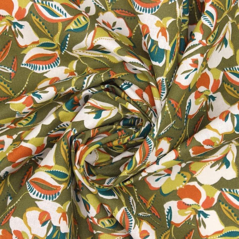 100% cotton fabric with flowers - khaki