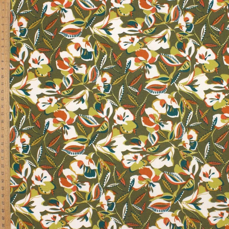 100% cotton fabric with flowers - khaki