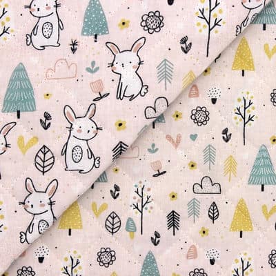 Double-sided quilted fabric with bunnies - pink 