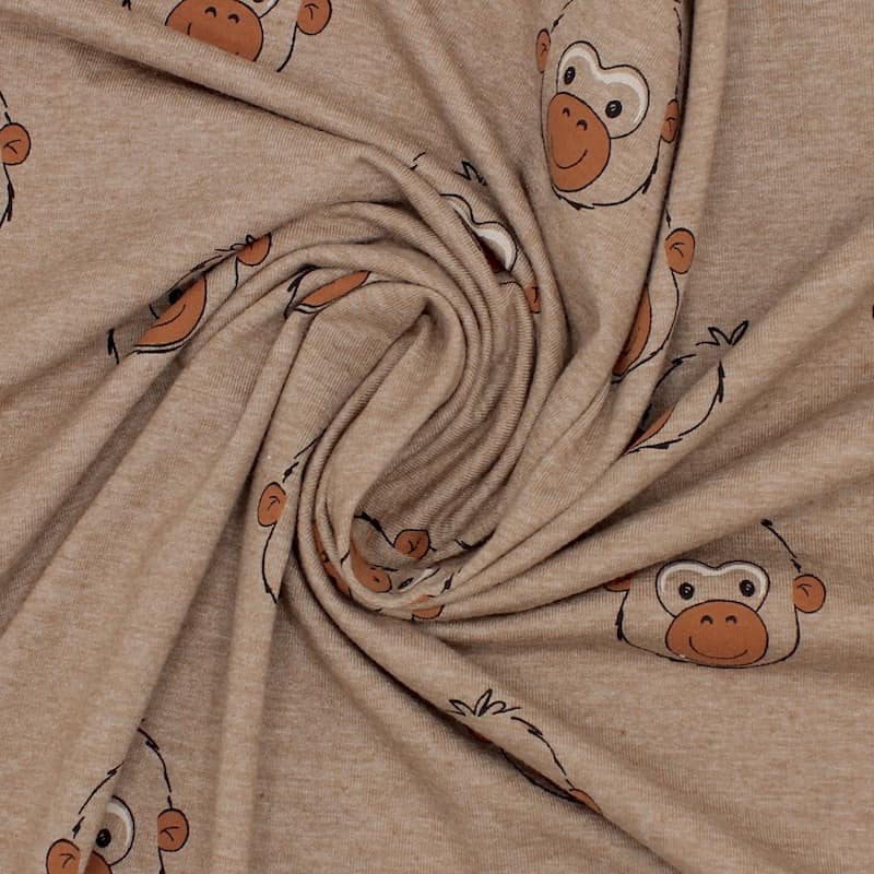 Jersey fabric with monkeys - beige