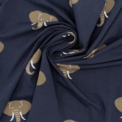 Jerseystof met olifanten - marineblauw