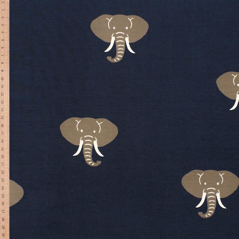 Jersey fabric with elephants - navy blue 