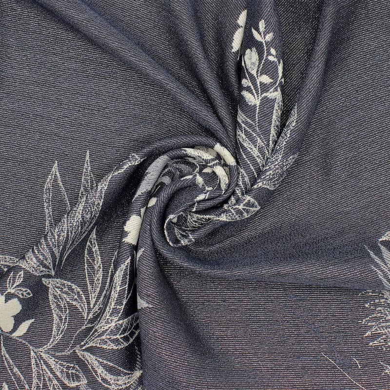 Jacquard fabric with flowers and lurex - navy blue
