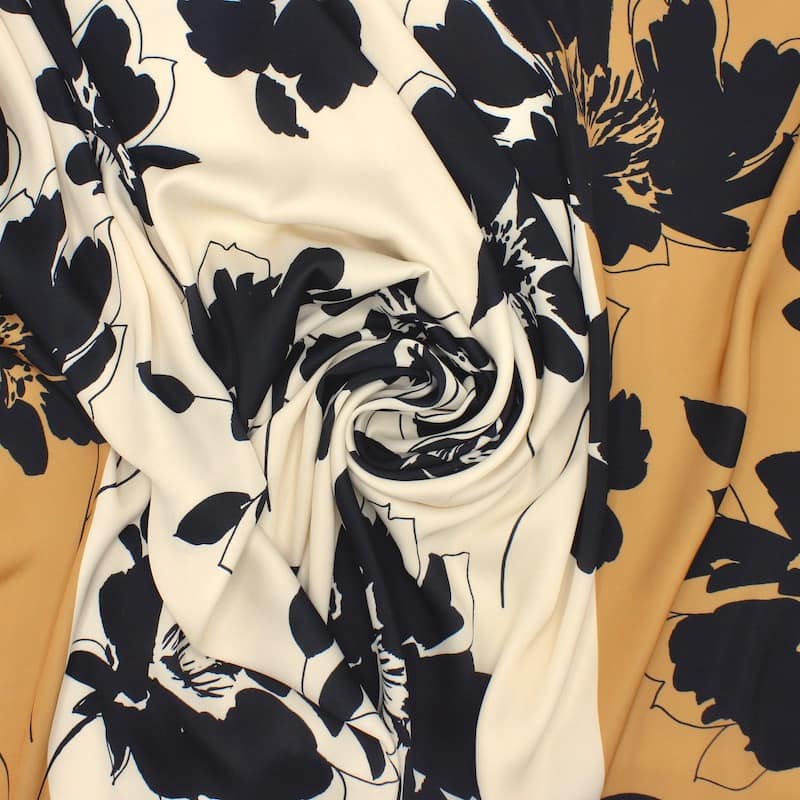 Tissu polyester floral - noir et blanc