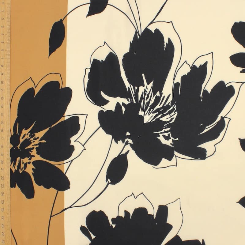 Tissu polyester floral - noir et blanc