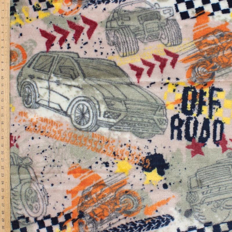 Minky velvet fabric with car and motorcycle - beige