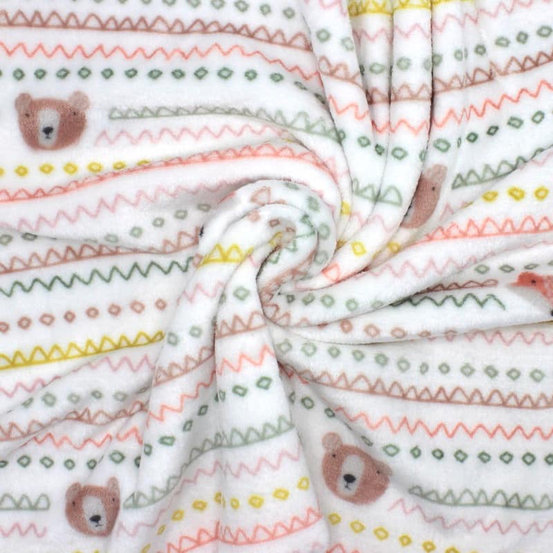 Minky velvet fabric with animal heads - white