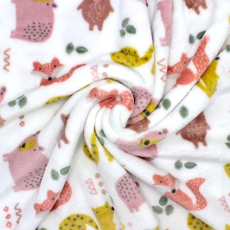 Minky velvet fabric with animals - white