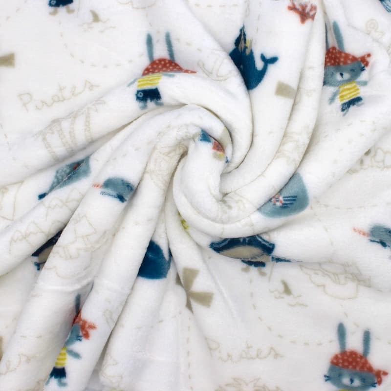 Minky velvet fabric with pirates - white