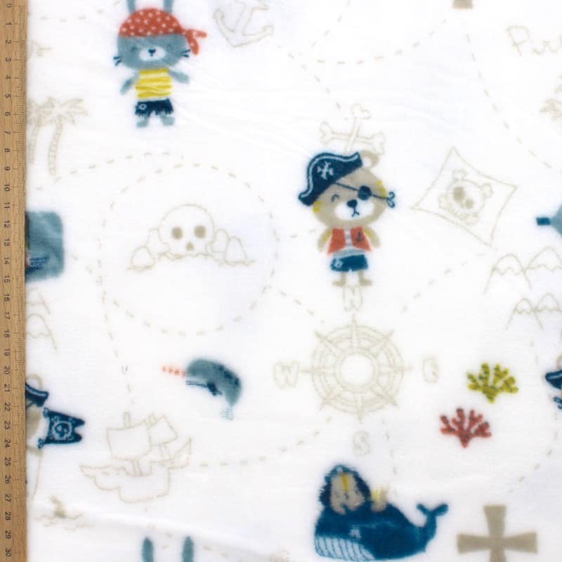 Minky velvet fabric with pirates - white