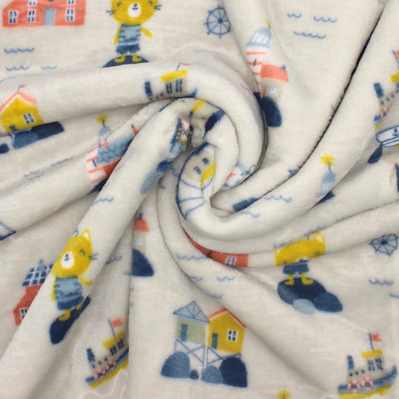 Minky velvet fabric with boats and lighthouses