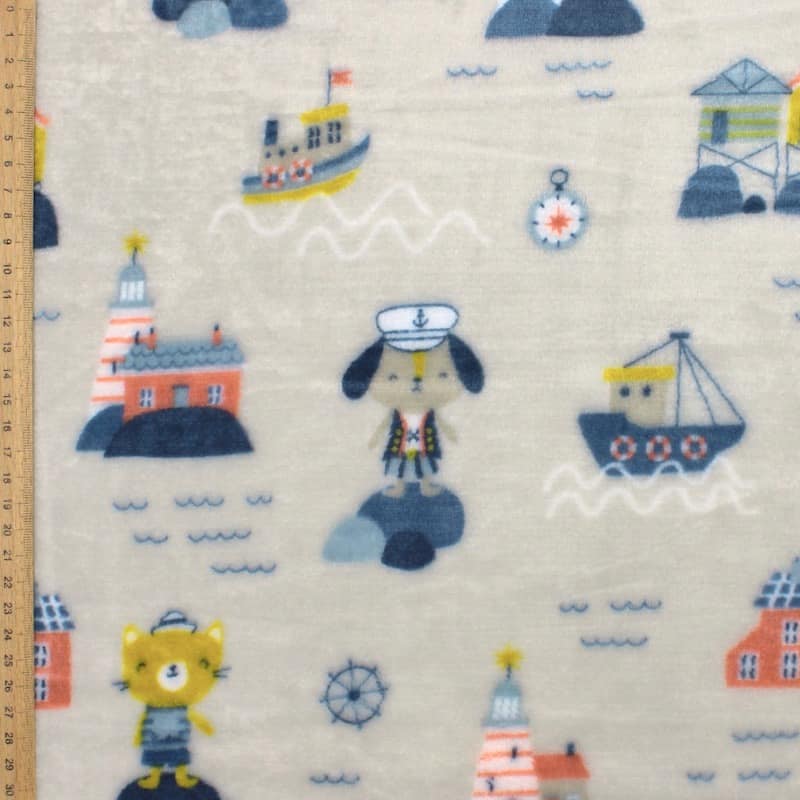 Minky velvet fabric with boats and lighthouses