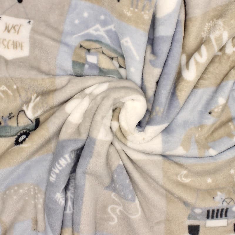 Minky velvet fabric with explorer - beige and grey 
