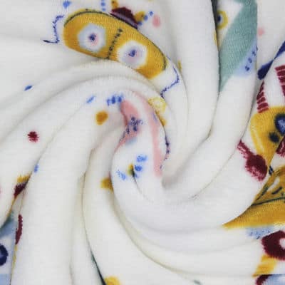 Minky velvet fabric with robot - white