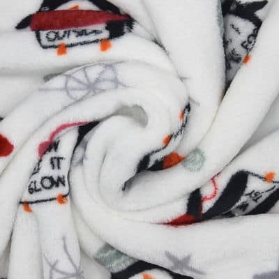 Minky velvet fabric with penguins - white 