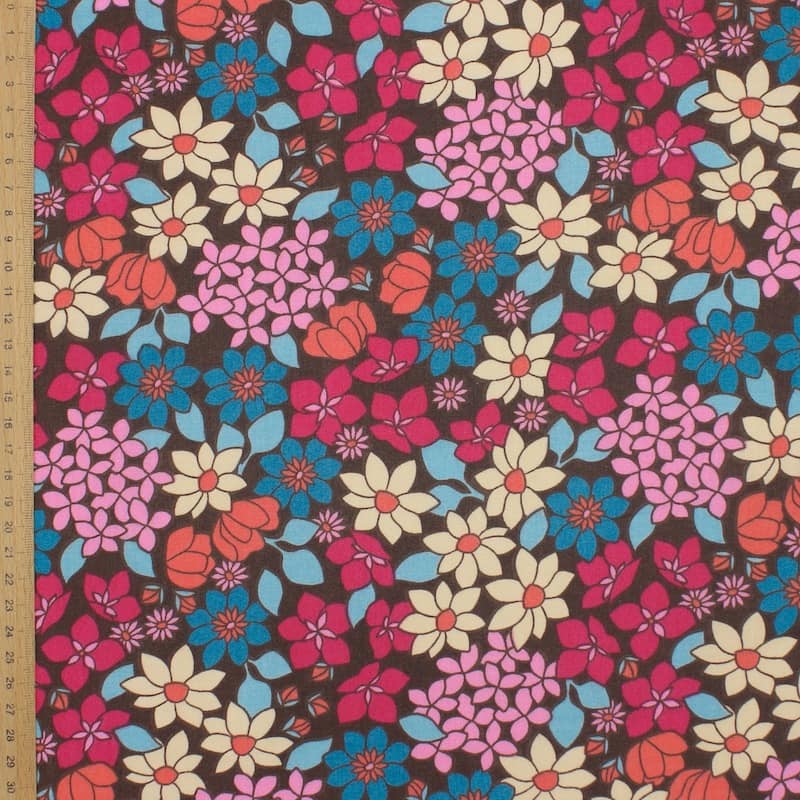 Coated cotton with flowers - brown 