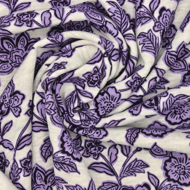 Sweatshirt fabric with flowers - purple 