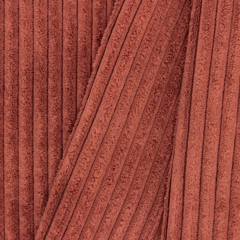 Ribbed velvet upholstery fabric - brick-colored