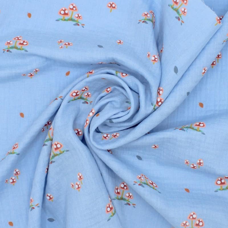 Double gauze fabric with mushrooms - sky blue 