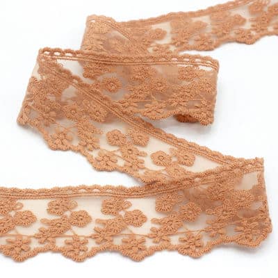 Embroidered tulle with flowers - salmon beige