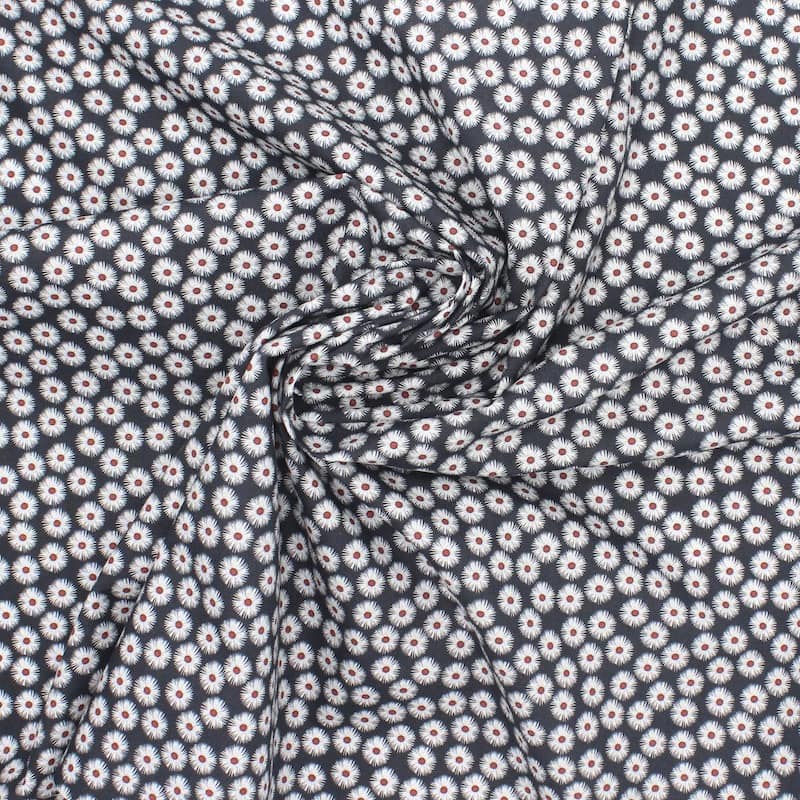Cotton poplin fabric with daisies - black