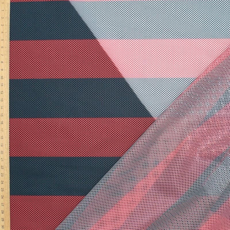 Striped mesh lining sportwear fabric - red and navy blue 