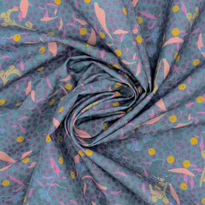 Cotton poplin fabric with foliage - blue and pink 