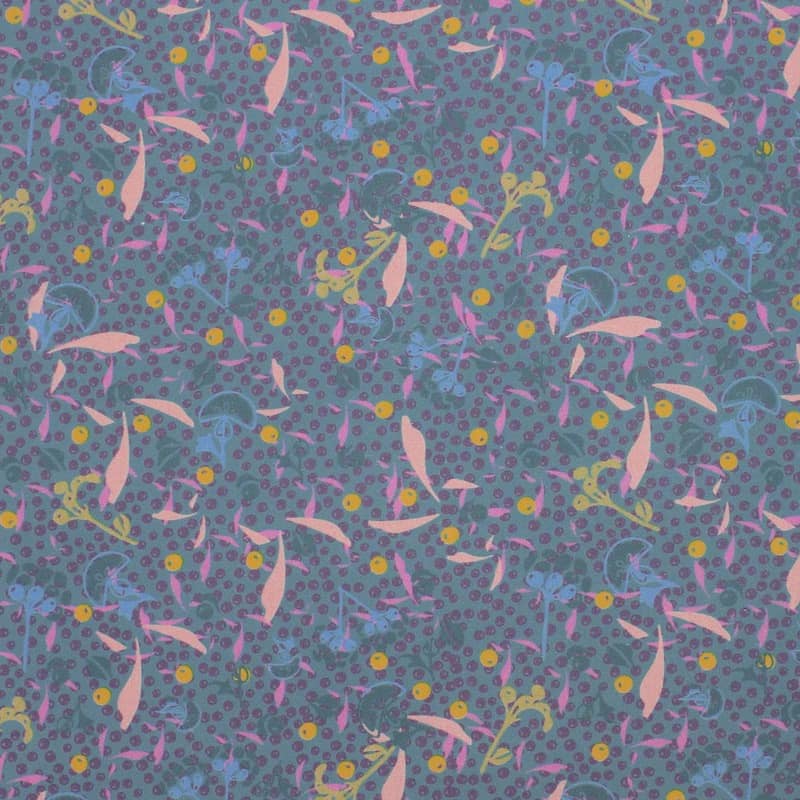 Cotton poplin fabric with foliage - blue and pink 
