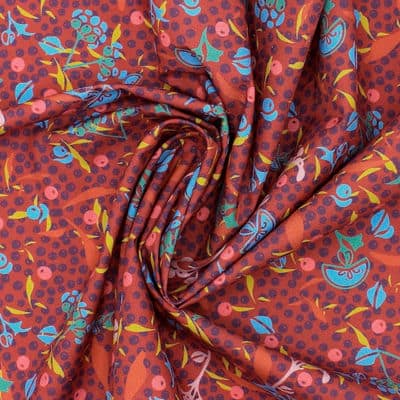 Cotton poplin fabric with foliage - brick-colored