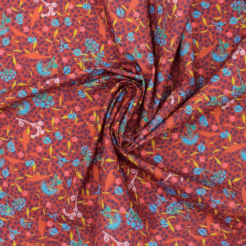 Cotton poplin fabric with foliage - brick-colored