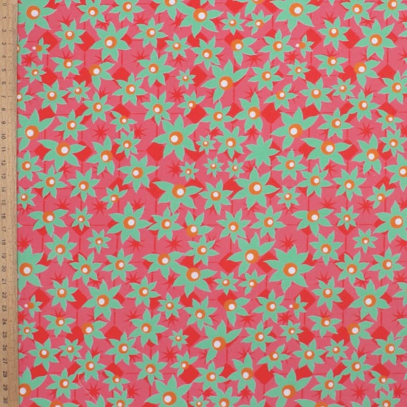 Cotton poplin fabric with Edelweiss - pink / aqua