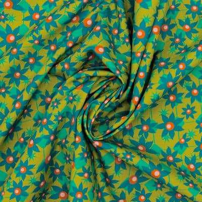 Cotton poplin fabric with Edelweiss - teal / mustard