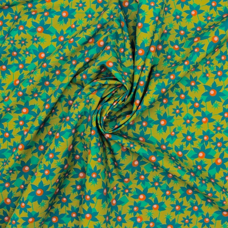 Cotton poplin fabric with Edelweiss - teal / mustard