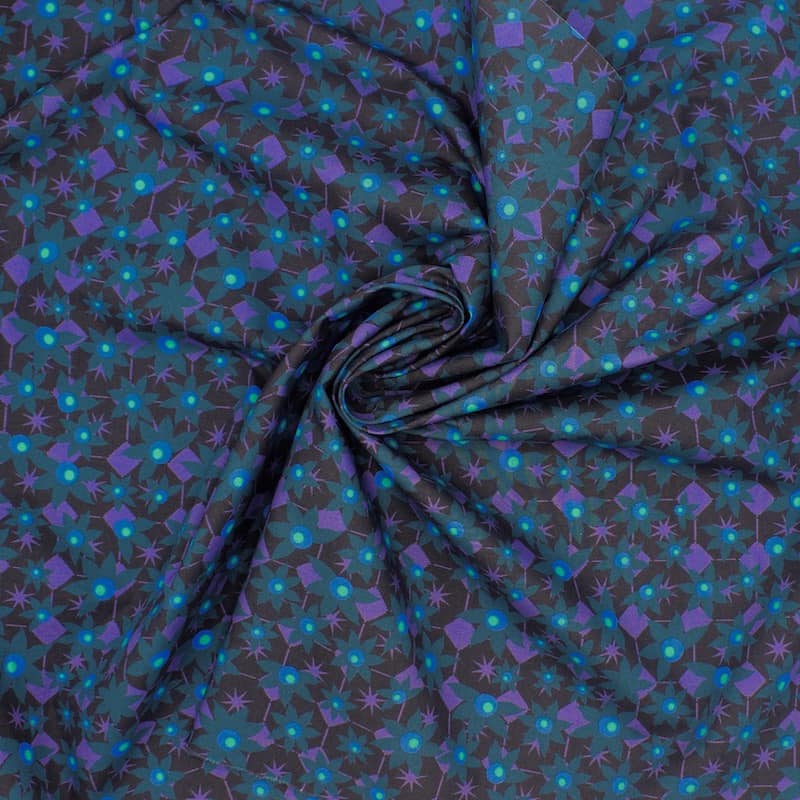 Cotton poplin fabric with Edelweiss - black / blue