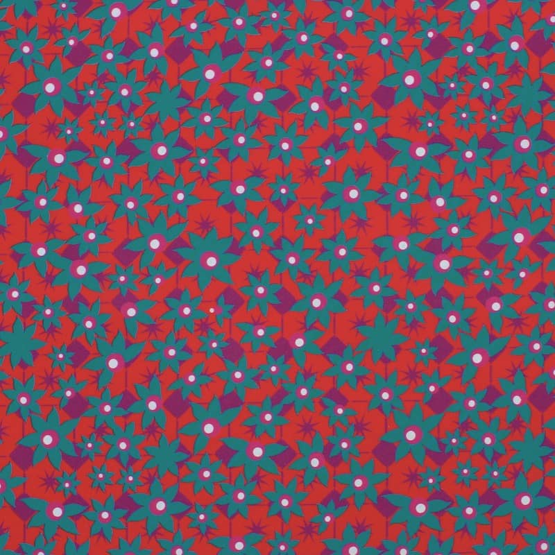 Cotton poplin fabric with Edelweiss - teal / scarlet red