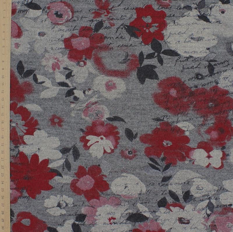 Printed knit fabric with flowers - grey