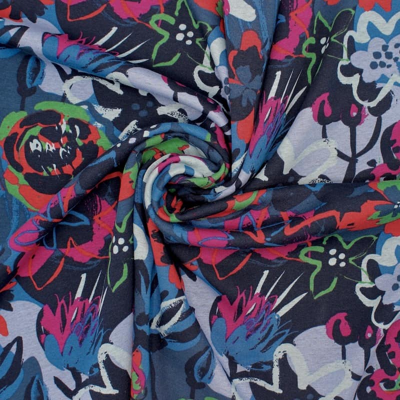 Duffled sweatshirt fabric with flowers - blue 