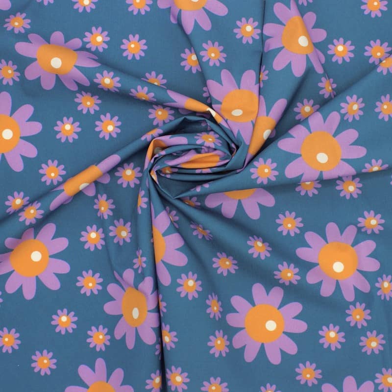 Katoen popeline met bloemen - pauwblauw