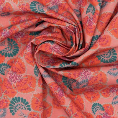 Poplin cotton with flowers - pink tea / coral