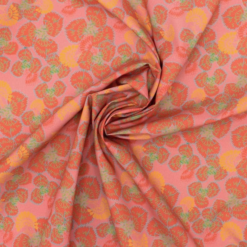 Poplin cotton with flowers - pink tea / coral