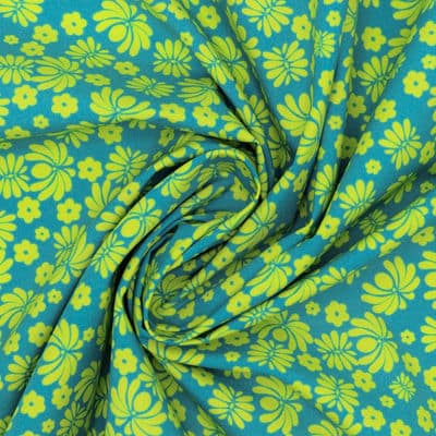 Poplin cotton with flowers - teal / lime green