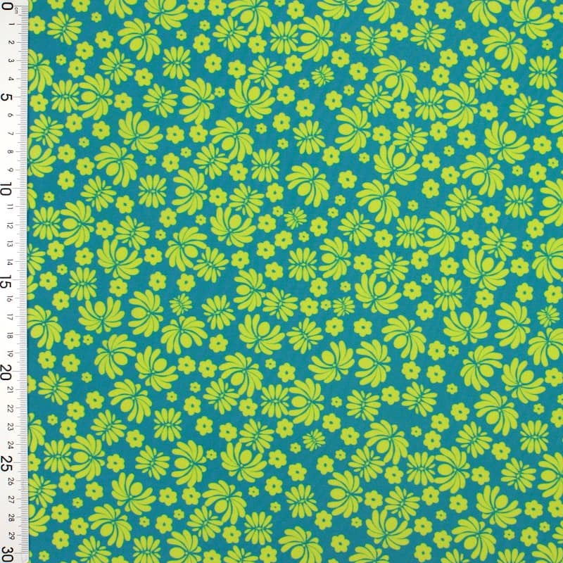Poplin cotton with flowers - teal / lime green
