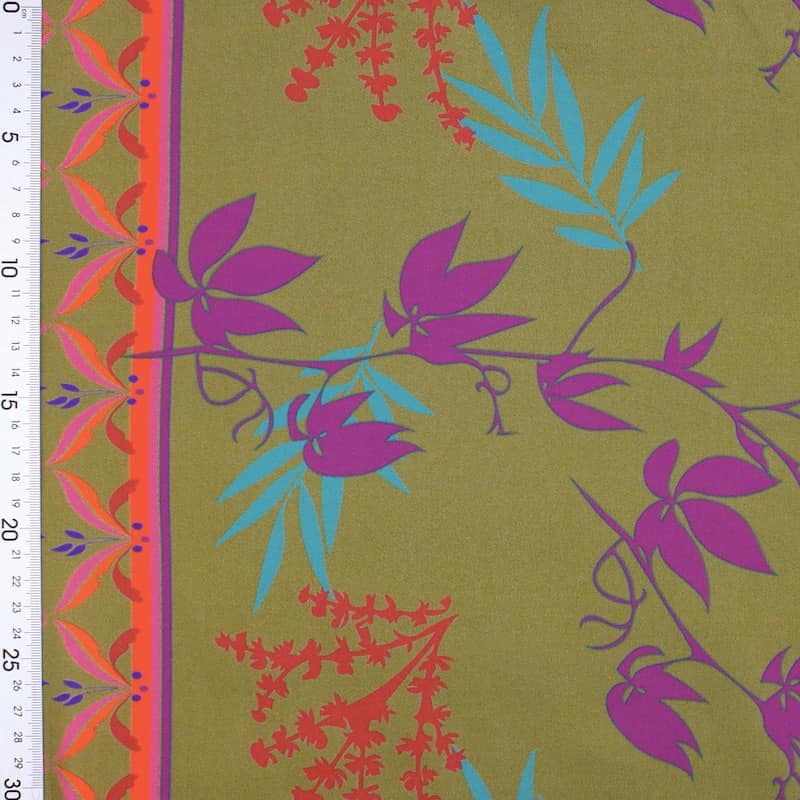 Cotton satin fabric with flowers - green