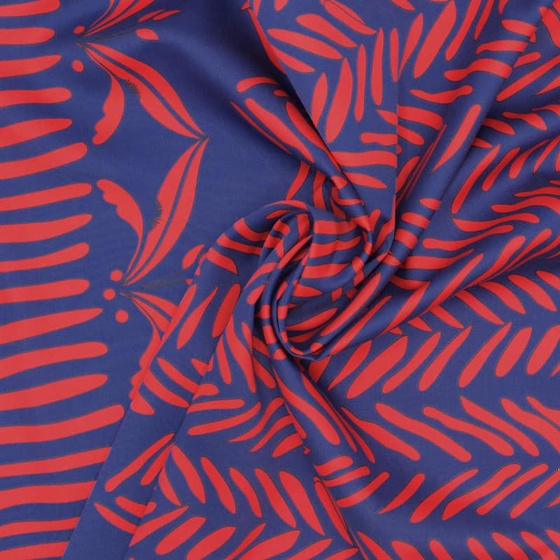 Katoen satijn met grafische print - marineblauw en rood