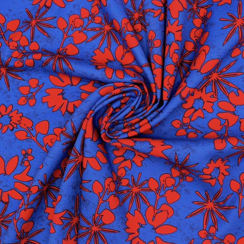 Cotton twill fabric with flowers - peacock