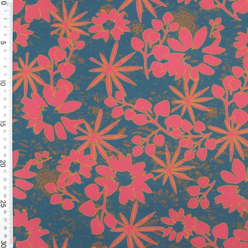 Cotton twill fabric with flowers - blue