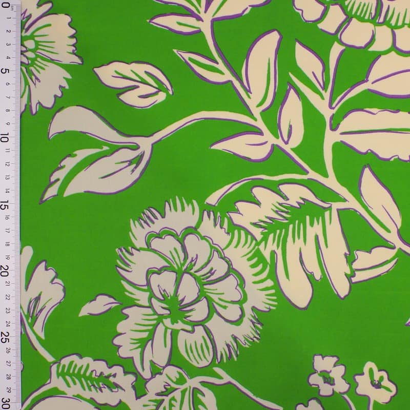 Polyester satijn stof met bloemen - groen 