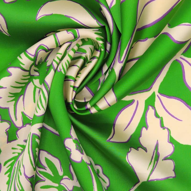 Polyester satijn stof met bloemen - groen 